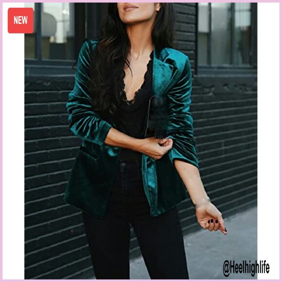 Long Sleeve Velvet Blazer with Pockets, Open Front Cardigan Style - Picture 5 of 6
